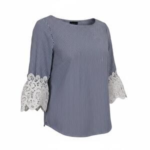 Liz Claiborne XL Blue and White Striped Blouse with Lace Sleeve Detail Preppy